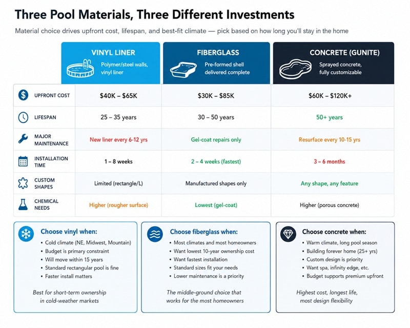 Inground pool cost by material with lifespan and use cases
